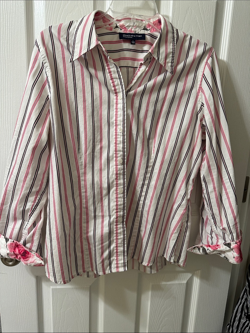 Jones New York Pink and Black Striped Button-Up Shirt